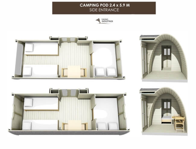 Viking Industrier 2.4 x 5.9m Camping Pod with Side Entrance interior floor plan showing multiple layout options on a white background.