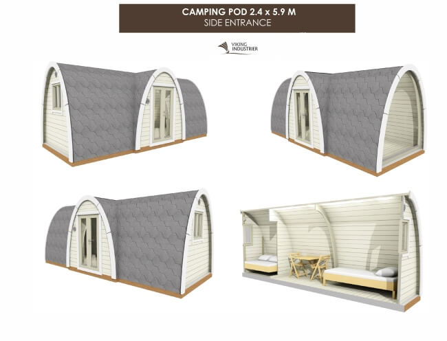 Viking Industrier 2.4 x 5.9m Camping Pod with Side Entrance showing multiple angles and interior view on a white background.