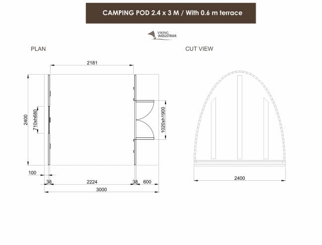 A dimension plan of the Viking Industrier 2.4 x 3m Camping Pod with 0.6m terrace, on a white background.