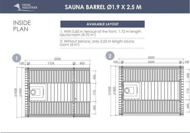 Technical floor plan of the Viking Industrier Barrel Sauna 1.9 x 2.5m showing two layout options, with and without a terrace, on a white background.