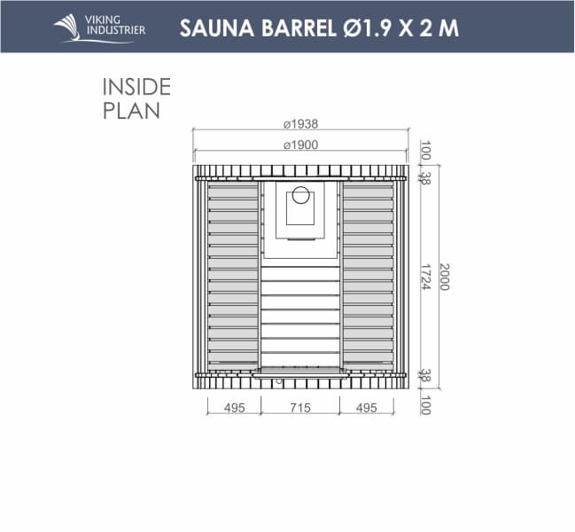 Interior floor plan layout of the Viking Industrier Barrel Sauna 1.9 x 2m showing bench and heater placement, on a white background.