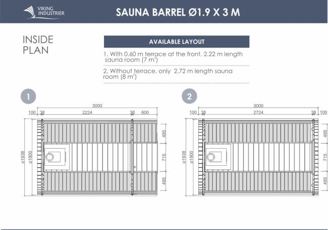 Technical floor plan layout of the Viking Industrier Barrel Sauna 1.9 x 3m, with labeled interior dimensions and two layout options, on a white background.