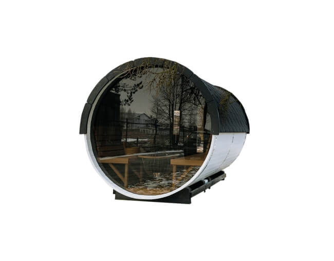 Exterior view of a Viking Industrier Barrel Sauna 2.2 x 3m with a full glass front and black shingles, on a white background.