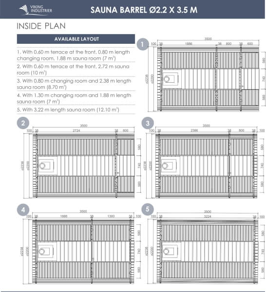 Interior layout diagram of the Viking Industrier Barrel Sauna 2.2 x 3.5m, showing five possible configurations, on a white background.