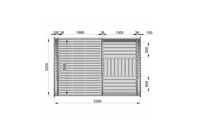 Technical top-down floor plan of Viking Industrier 2.2 x 3.3m Sleeping Barrel showing bed placement and partition details, on a white background.