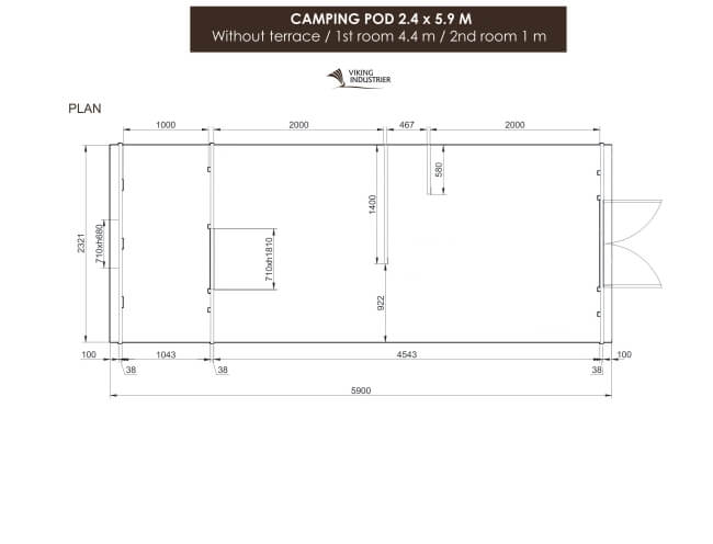Viking Industrier 2.4 x 5.9m camping pod layout plan showing two-room division on a white background.