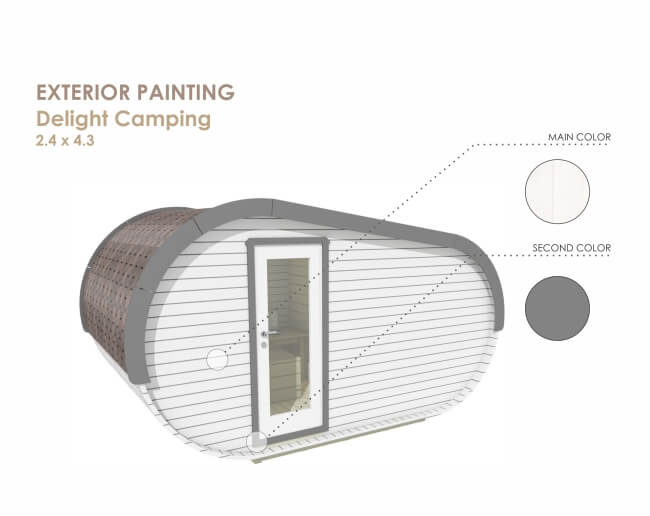 3D render of Viking Industrier Delight Camping Pod 2.4 x 4.3m painted in white with gray roof trim and hexagonal shingles. On a white background.