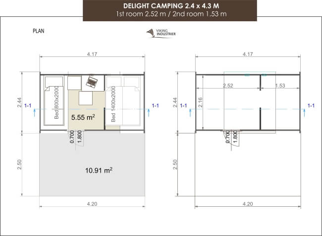 Floor plan and section diagram of Viking Industrier Delight Camping Pod 2.4 x 4.3m showing room dimensions, bed placements, and layout specs. On a white background.