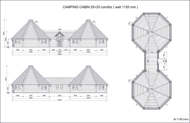 Technical floor plan and elevations of the Viking Industrier Double Camping Cabin 25m on a white background.