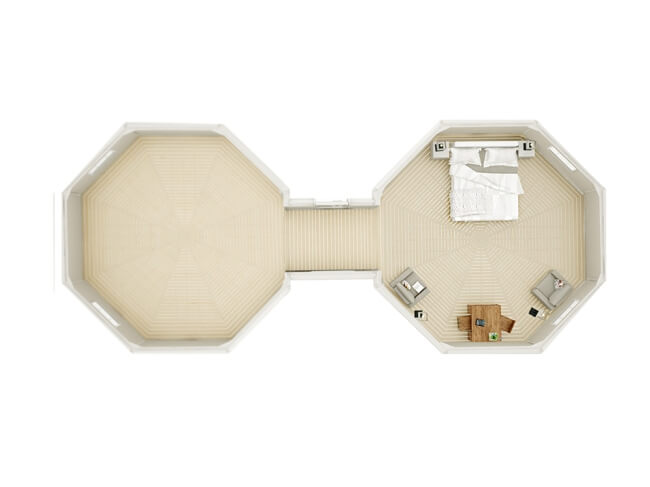 Interior top-down view of the Viking Industrier Double Camping Cabin 25m showing one furnished room and one empty on a white background.