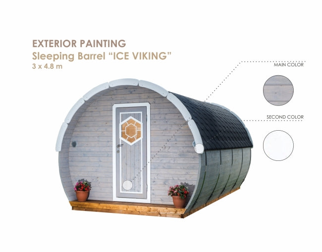 Exterior painting guide of the Viking Industrier Ice-Viking Sleeping Barrel 3 x 4.8m showing main and secondary color suggestions, on a white background.