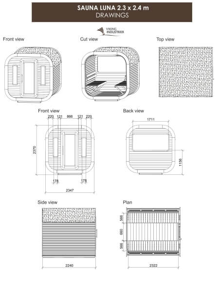 Technical drawings of Viking Industrier Luna Outdoor Sauna 2.3 x 2.4m with labeled dimensions from multiple angles, on a white background.