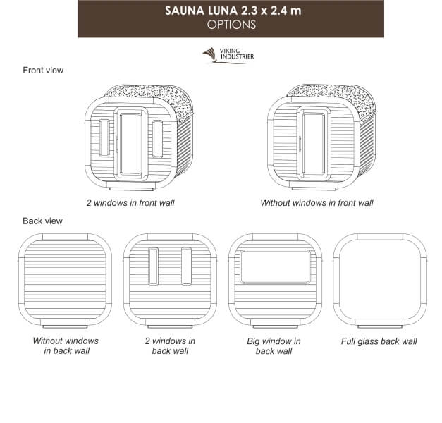 Illustrated layout options for Viking Industrier Luna Outdoor Sauna 2.3 x 2.4m showing window configurations on the front and back walls, on white background.