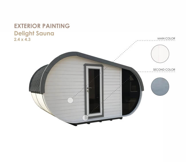 Viking Industrier Delight Outdoor Sauna 2.4 x 4.3m exterior painting render on a white background.
