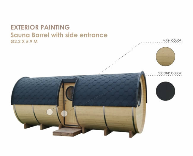 Front view of Viking Industrier Barrel Sauna 2.2 x 5.9m with side entrance, featuring beige wooden body and black shingle roof, on a white background.