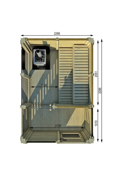 Top-down view of the Viking Industrier Sauna Cube 2 x 3m with changing room layout and labeled dimensions, on a white background.