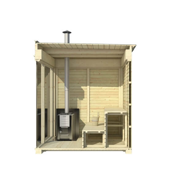 Cross-section side view of the Viking Industrier Sauna Cube 2 x 3m interior showing stove and bench setup, on a white background.