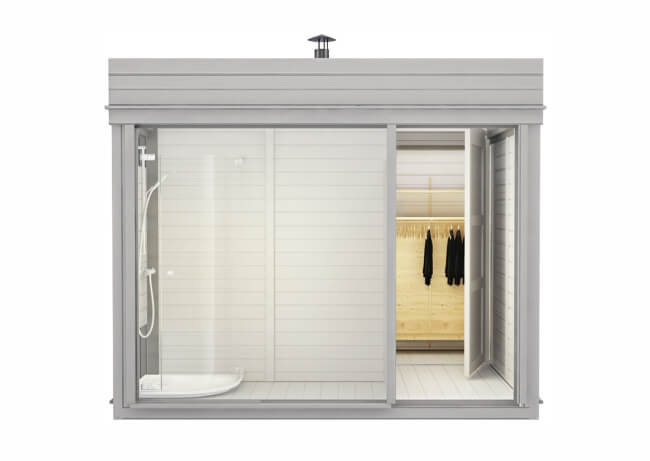 Shower room of Viking Industrier Sauna Cube with Changing Room 3 x 3m, showing a modern shower and clothing rack, on a white background.