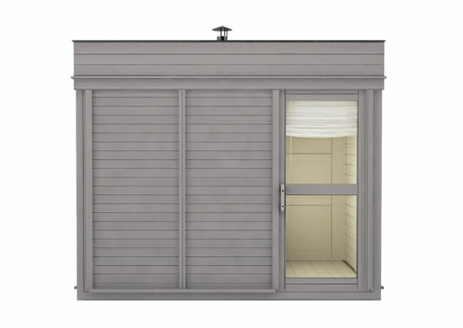 Exterior front view of Viking Industrier Sauna Cube with Changing Room 3 x 3m, featuring gray paneling and a glass door, on a white background.