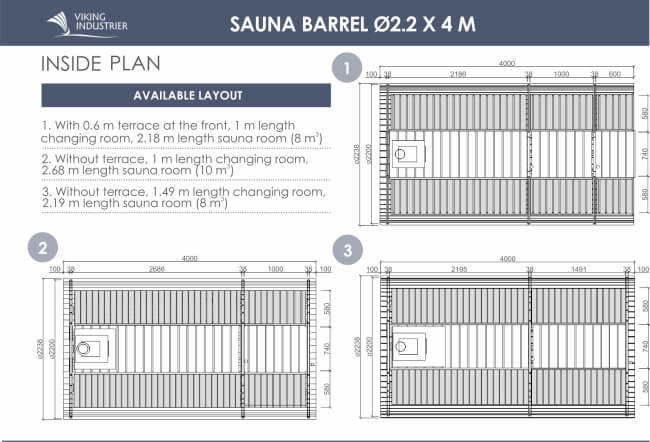 Technical inside plan for Viking Industrier Barrel Sauna 2.2 x 4m with multiple layout configurations, on a white background.