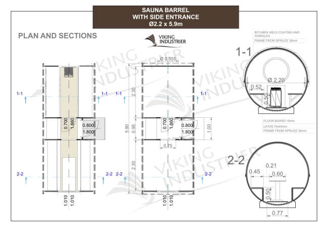 Blueprint layout of Viking Industrier Barrel Sauna 2.2 x 5.9m with side entrance, including interior sections and measurements on a white background.