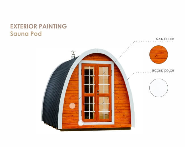 Viking Industrier Sauna Pod 2.4 x 4m exterior painting example showing orange as main color and white as second color, on a white background.
