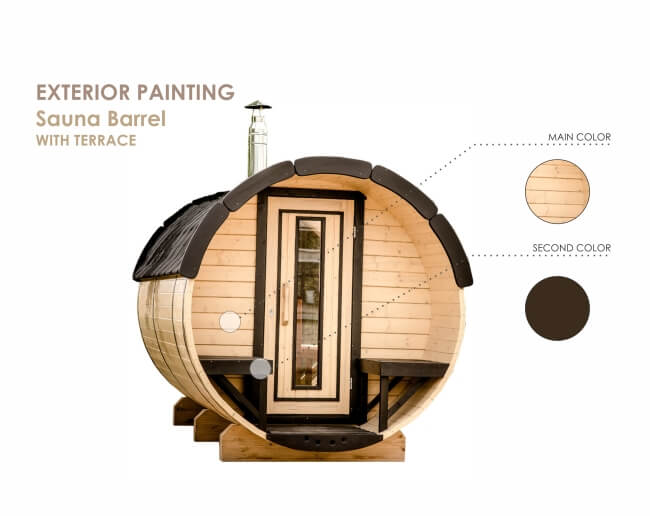 Digital rendering of a Viking Industrier Barrel Sauna 2.2 x 3m with terrace, showing natural wood and black color scheme, on a white background.