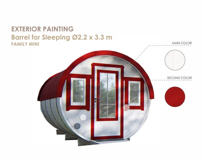 Viking Industrier 2.2 x 3.3m Sleeping Barrel in a white and red color scheme, showcasing exterior painting options with labels, on a white background.