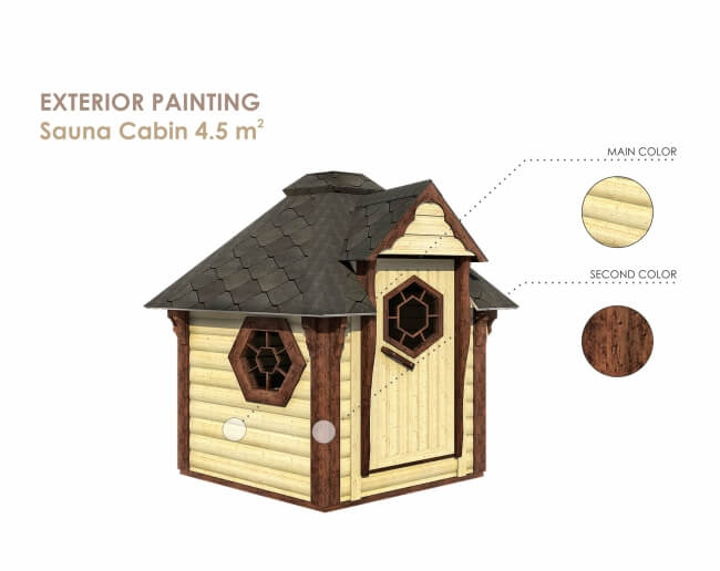 Illustration of Viking Industrier sauna cabin 4.5m² exterior color scheme showing natural wood as main color and dark brown as second color, on a white background.