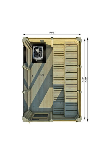 Top-down view of the Viking Industrier Sauna Cube 2 x 3m floor plan with wooden benches and stove placement, on a white background.