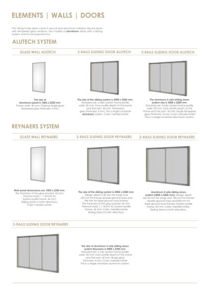 Product sheet displaying Alutech and Reynaers sliding glass wall and door system options for Viking Industrier Sauna Cube, on a white background.
