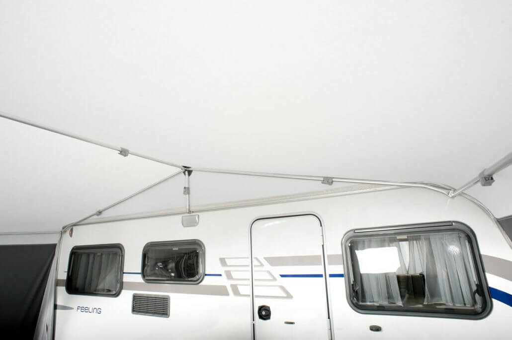 Internal view of the Walker Eriba Feeling Awning roof poles mounted securely to a Hymer Feeling caravan.