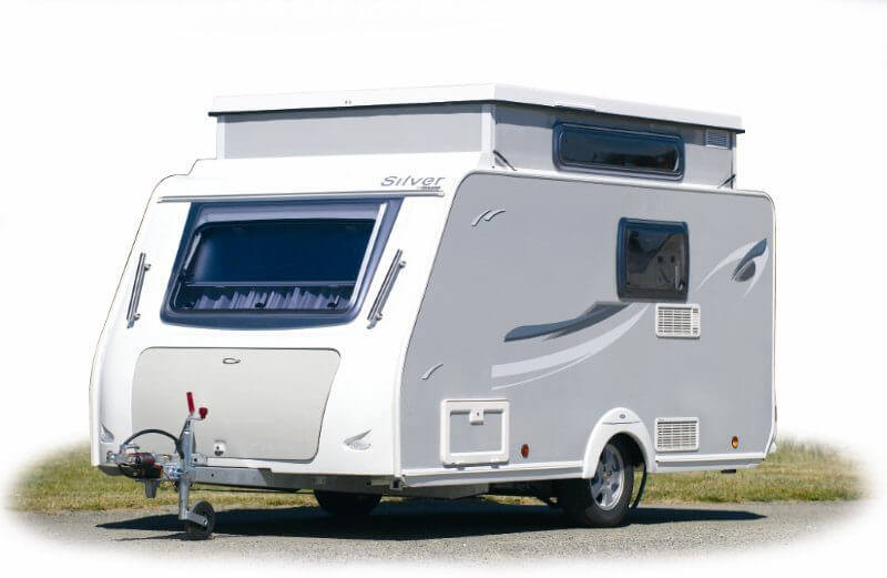 Front view of a Trigano Silver caravan with pop-top roof, ideal for pairing with a Walker awning.