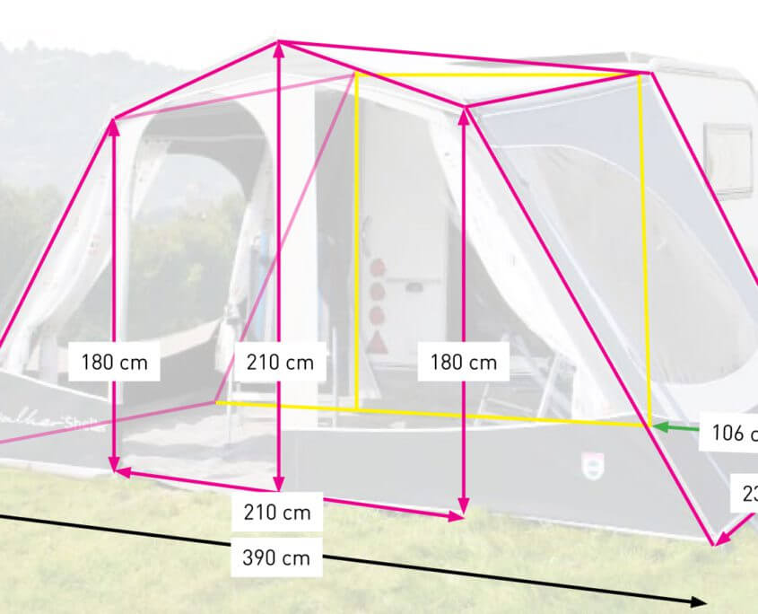 Walker Kip Shelter Awning with dimension measurements highlighted in pink and yellow lines.