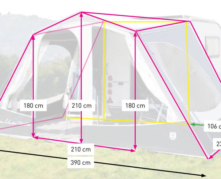 Walker Kip Shelter Awning with dimension measurements highlighted in pink and yellow lines.