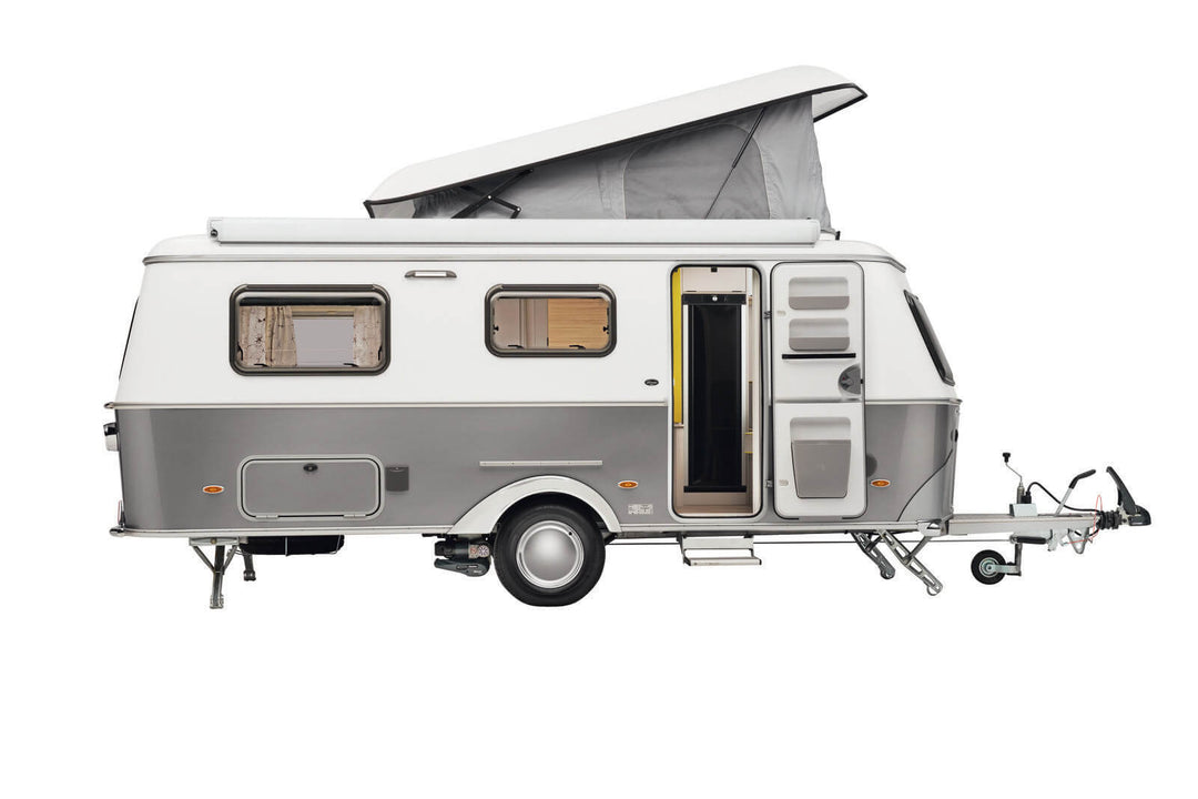 Side profile view of Eriba Touring 630/642 caravan with pop-top roof extended and doors open, on a white background.