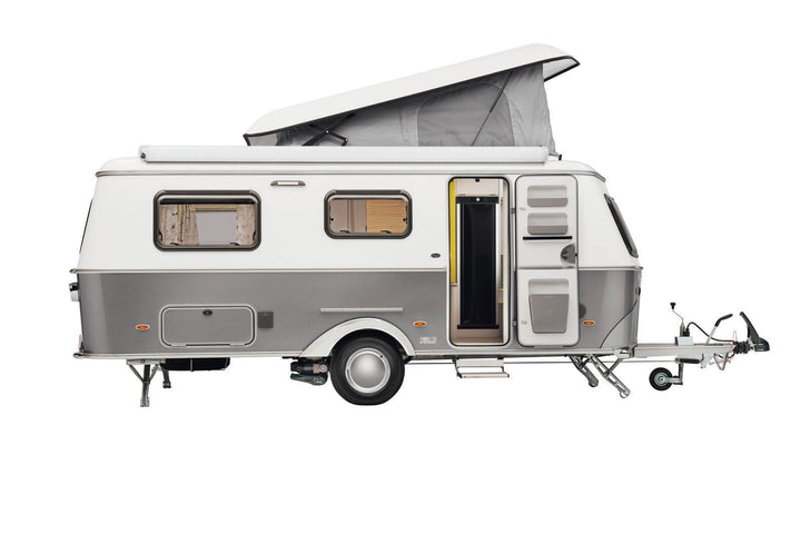 Side profile view of Eriba Touring 630/642 caravan with pop-top roof extended and doors open, on a white background.