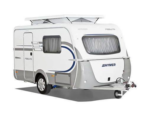Side view of a Hymer Feeling caravan, compatible with the Walker Feeling awning, on a white background.