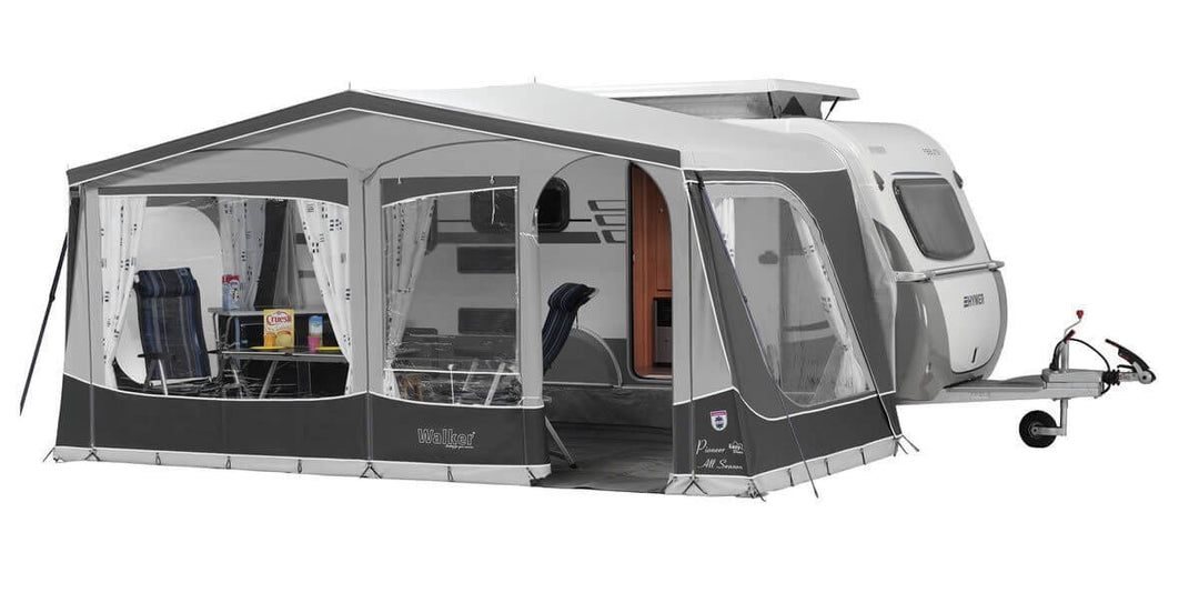 Walker Eriba Touring 630/642 awning fully assembled with front panels closed, attached to a grey and white Eriba caravan, with white background.