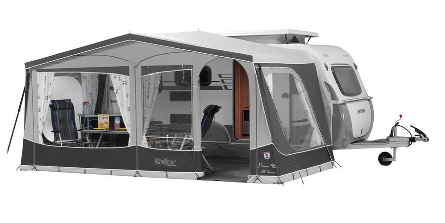 Walker Eriba Touring 630/642 awning fully assembled with front panels closed, attached to a grey and white Eriba caravan, with white background.