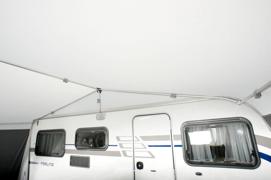 Interior ceiling view of Walker Eriba Touring 630/642 awning showing the frame structure attached to the caravan.
