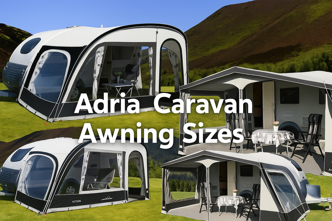 Adria caravans with full and porch awnings set up on a scenic campsite, showing different awning styles and layouts for sizing comparison.