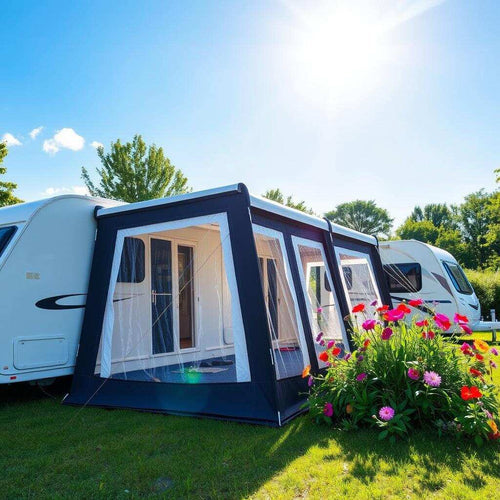 An air awning connected to a caravan with a blue sky in the background and flowers next to it