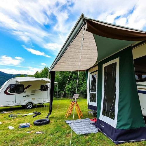 A green caravan awning being assembled in a field with a caravan in the background