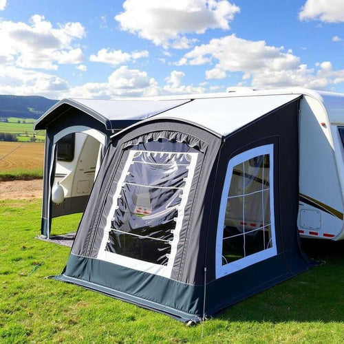 A dark coloured small air awning next to a caravan in a field