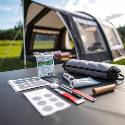 A selection of tools laid out on a table with an air awning in the background
