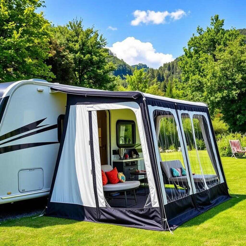 An air awning shown from the left side with greenery and a blue sky in the background