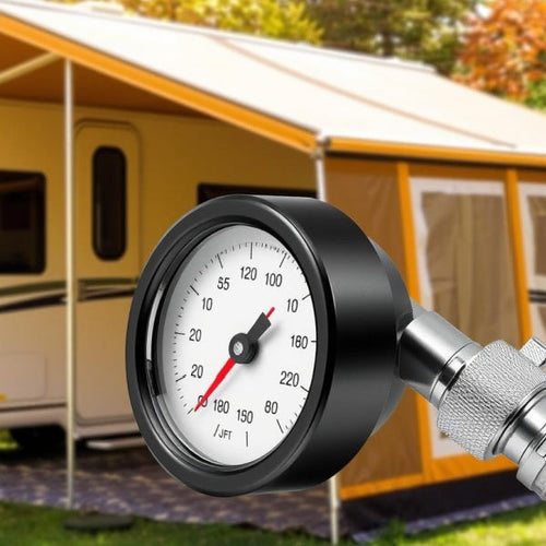 Close up of an air valve reader in front of an awning