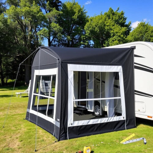 A caravan air awning in a field with trees behind and tape measures on the floor