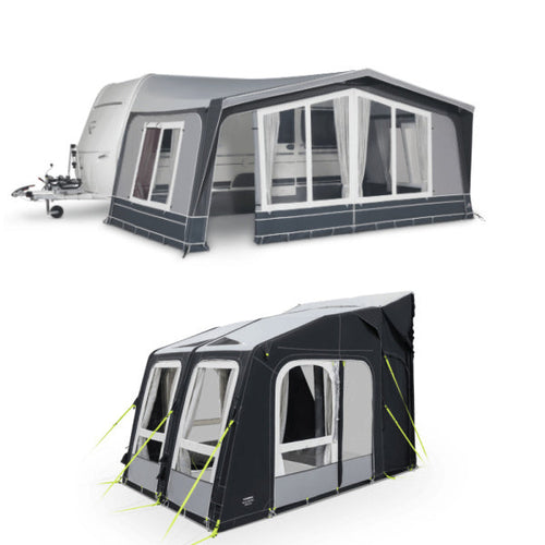 A traditional awning above an air awning, both on a white background